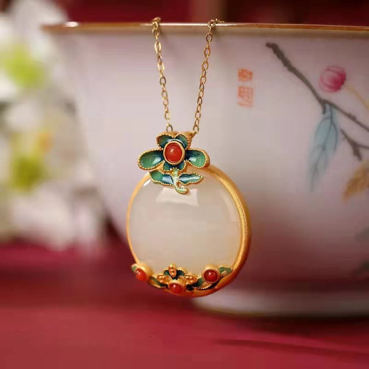 Colgante de collar de suerte con bendición de flor de ágata roja de jade blanco