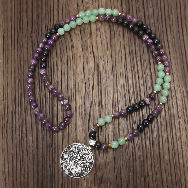 Pulsera de meditación con Buddha Stones , 108 cuentas Mala, amatista, aventurina verde, loto