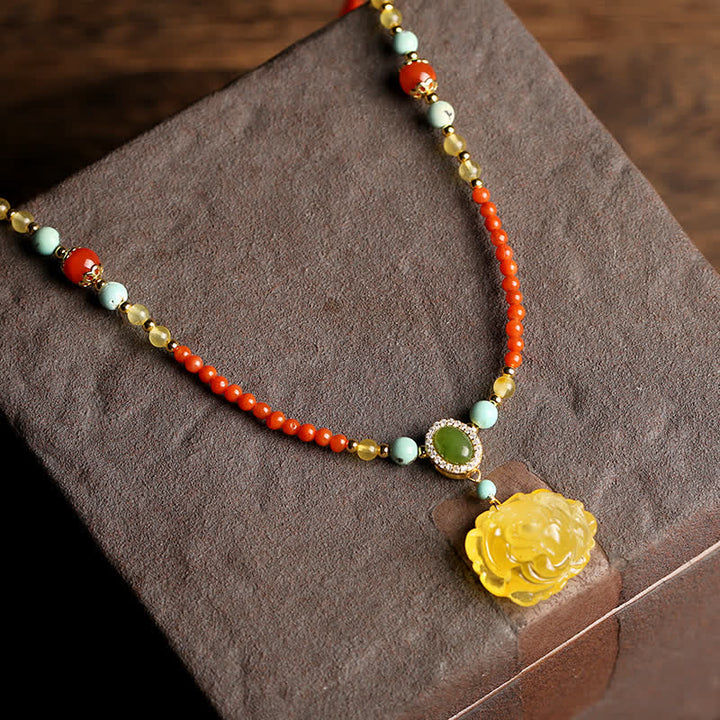 Colgante de plata de ley 925 con ágata roja natural y peonía ámbar