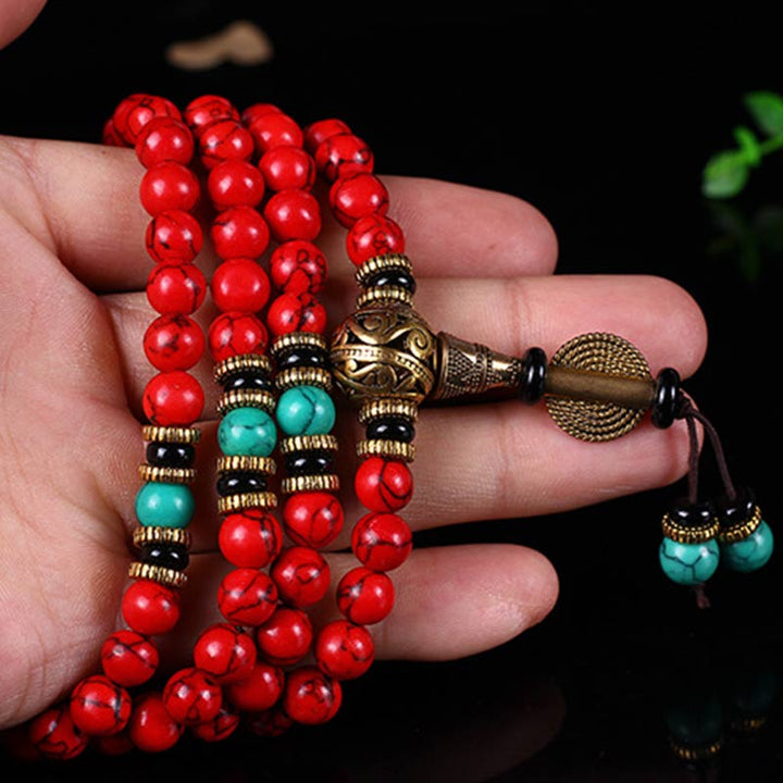 Pulsera con collar de la suerte, mala tibetana, Buddha Stones , color rojo y turquesa