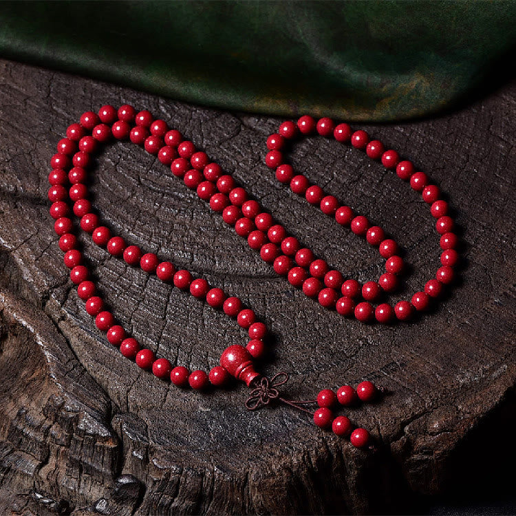 Buddha Stones 108 cuentas Mala cinabrio Om Mani Padme Hum patrón grabado pulsera de bendición