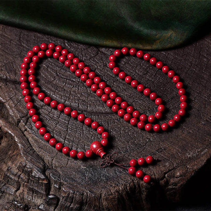 Buddha Stones 108 cuentas Mala cinabrio Om Mani Padme Hum patrón grabado pulsera de bendición