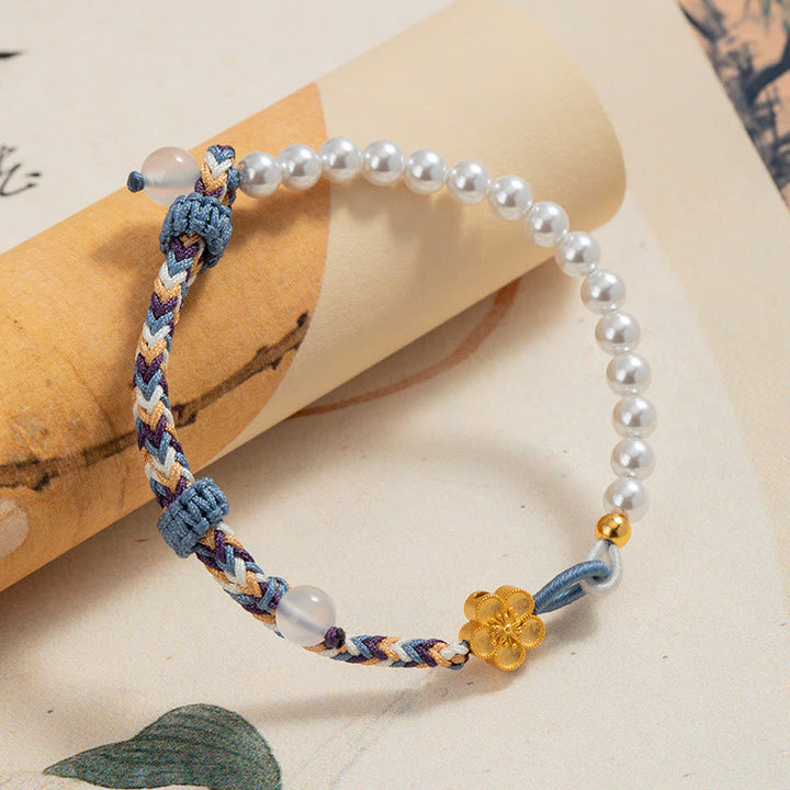 Pulsera de cuerda curativa de calcedonia con perlas de flor de melocotón de plata de ley 925 con Buddha Stones