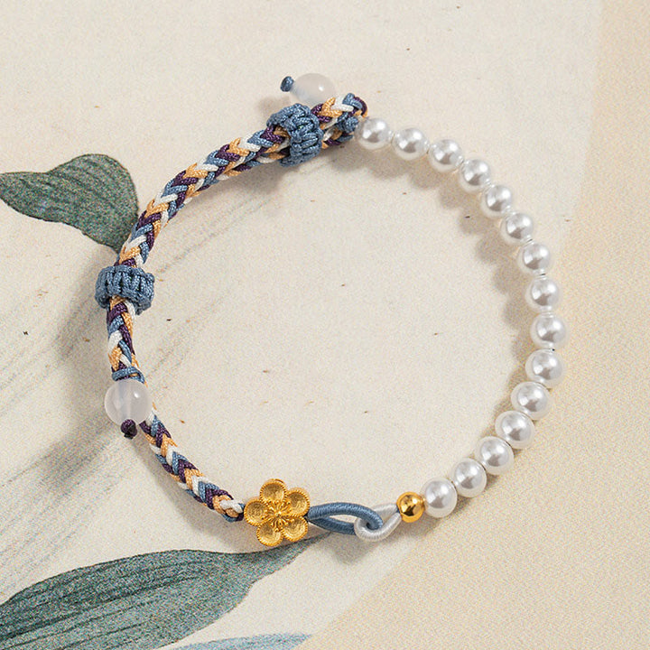 Pulsera de cuerda curativa de calcedonia con perlas de flor de melocotón de plata de ley 925 con Buddha Stones