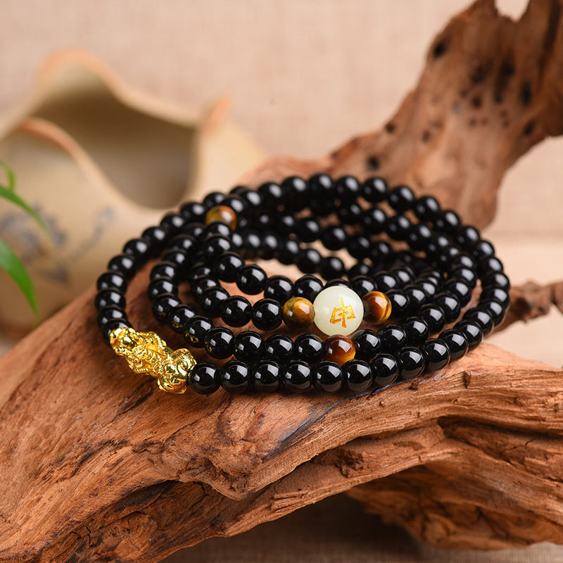 Pulsera Mala de protección PiXiu de obsidiana del zodiaco chino