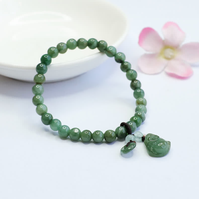 Pulsera curativa de jade cian de Buda sonriente con Buddha Stones de Buda