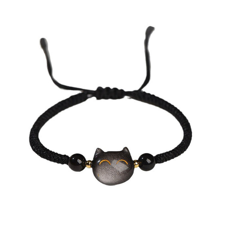 Buddha Stones hechas a mano, plata Natural brillante, obsidiana, cuarzo fresa, pulsera trenzada de protección de gato lindo - image 5