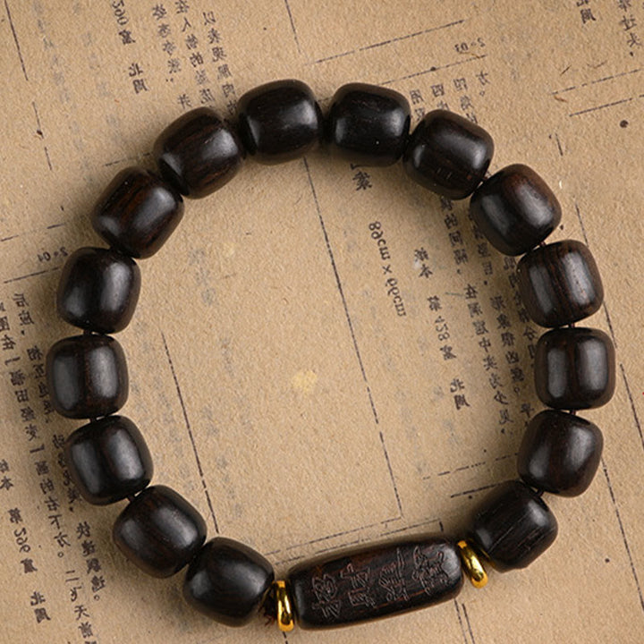 Pulsera de equilibrio de la suerte y el tesoro, cuentas de barril de madera de ébano tibetano, Buddha Stones