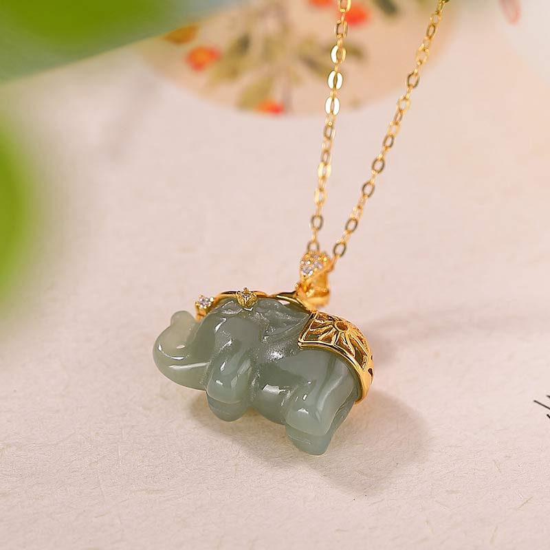 Buddha Stones Plata de Ley 925 Jade Elefante Bendición Fortuna Collar Colgante de Cadena