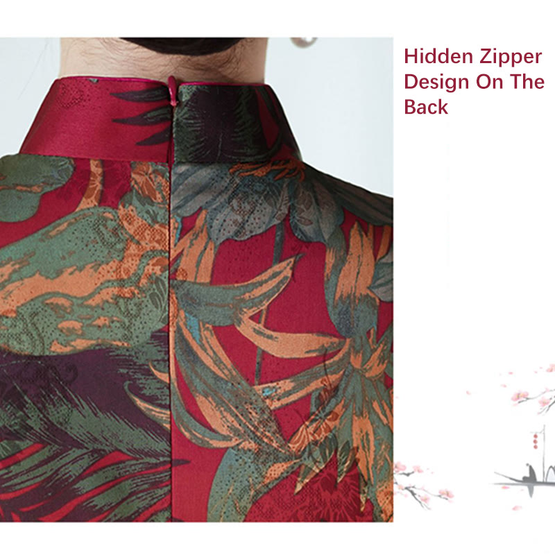 Vestido Qipao de seda con Buddha Stones, vestido Cheongsam con patrón de hojas y flores Retro para mujer