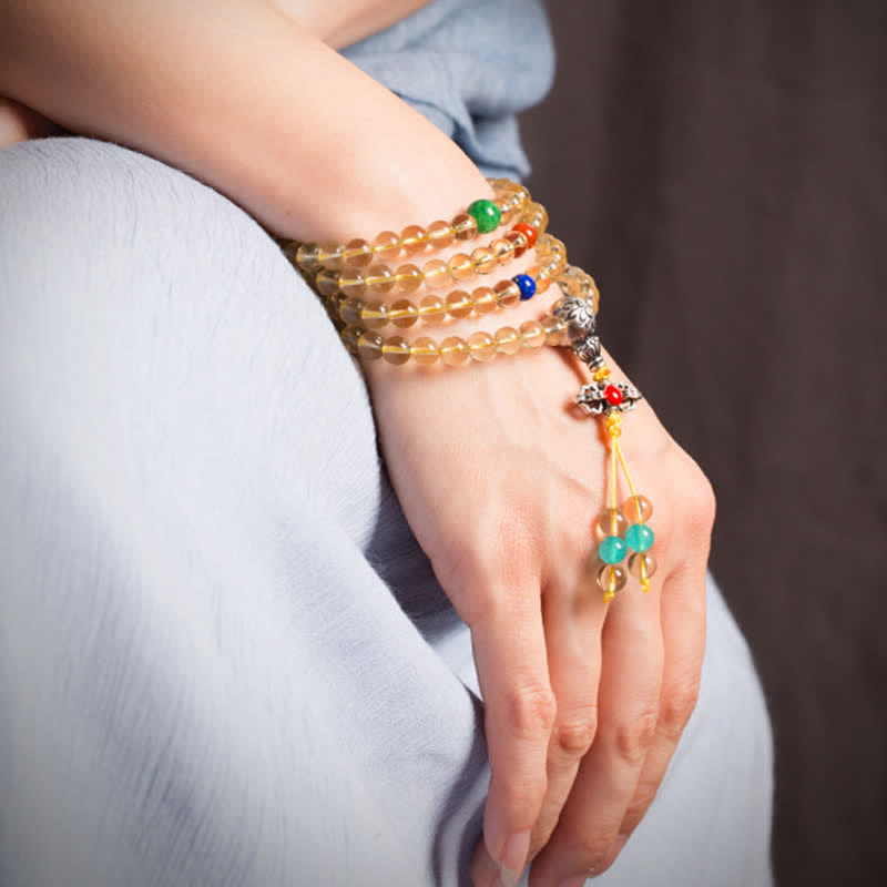 Plata de Ley 925, 108 cuentas de Mala, citrino Natural, ágata roja, ámbar, pulsera con dijes de placer