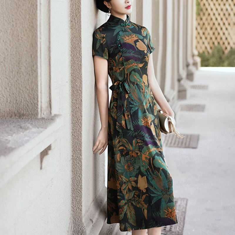 Vestido Qipao de seda con Buddha Stones, vestido Cheongsam con patrón de hojas y flores Retro para mujer