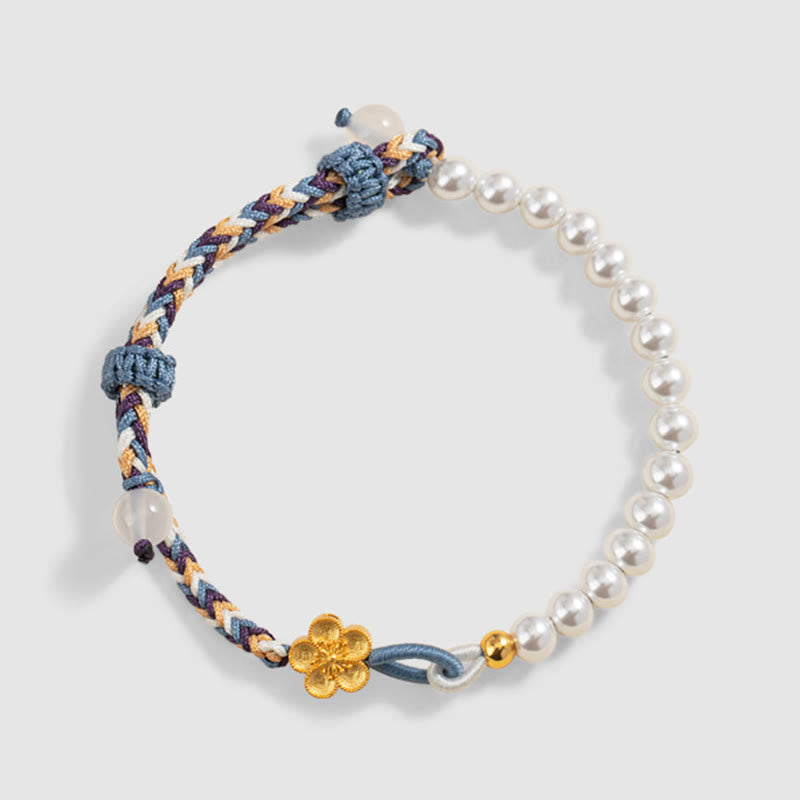 Pulsera de cuerda curativa de calcedonia con perlas de flor de melocotón de plata de ley 925 con Buddha Stones