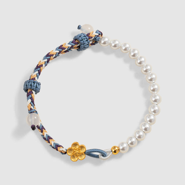 Pulsera de cuerda curativa de calcedonia con perlas de flor de melocotón de plata de ley 925 con Buddha Stones