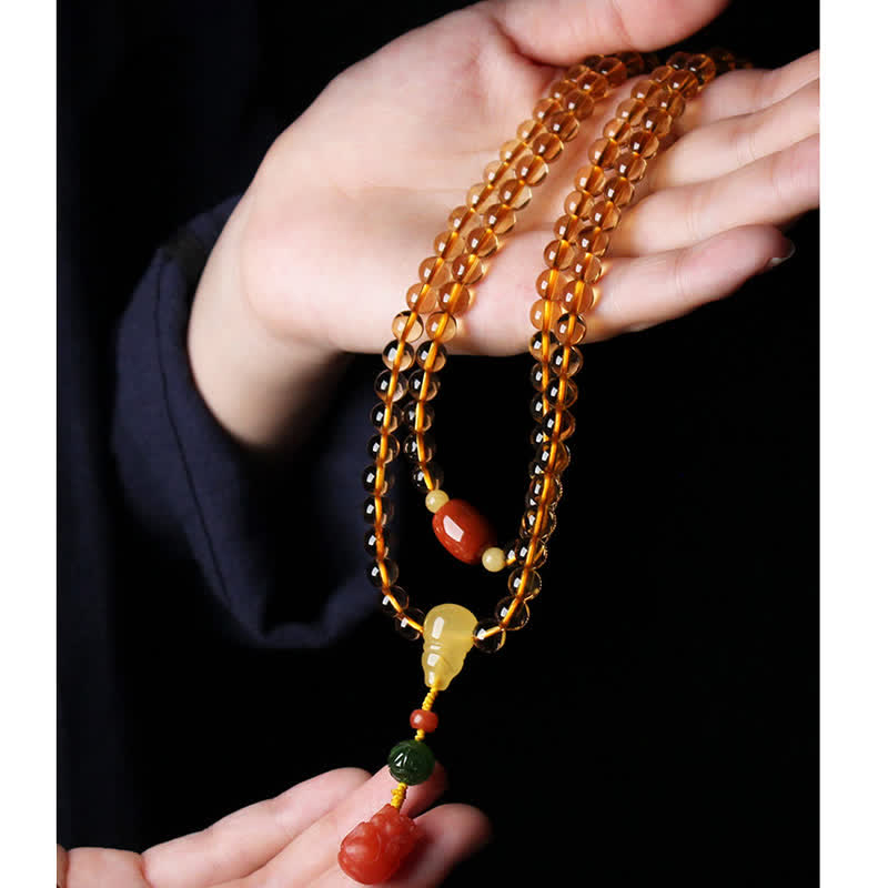 108 cuentas de Mala, citrino Natural, ámbar, hebilla de la paz, ágata roja, pulsera de protección PiXiu