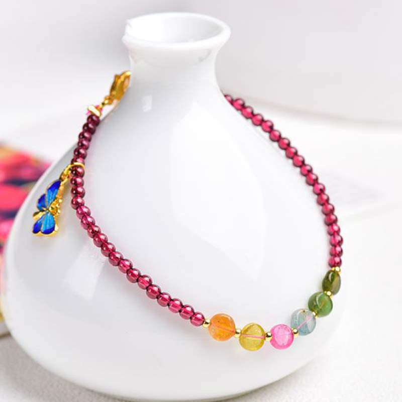 Tobillera Pulsera Protección Mariposa Turmalina Granate