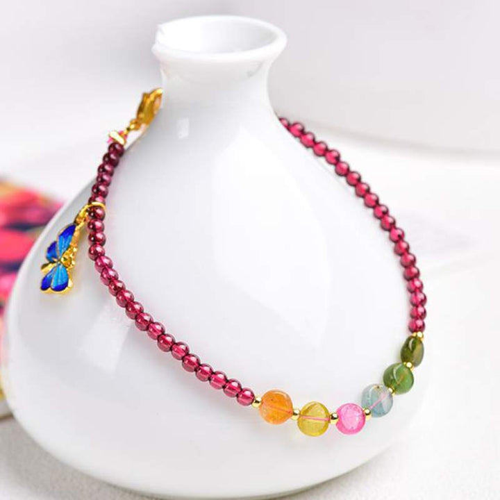 Tobillera Pulsera Protección Mariposa Turmalina Granate