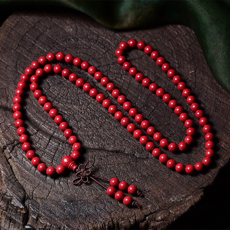 Buddha Stones 108 cuentas Mala cinabrio Om Mani Padme Hum patrón grabado pulsera de bendición