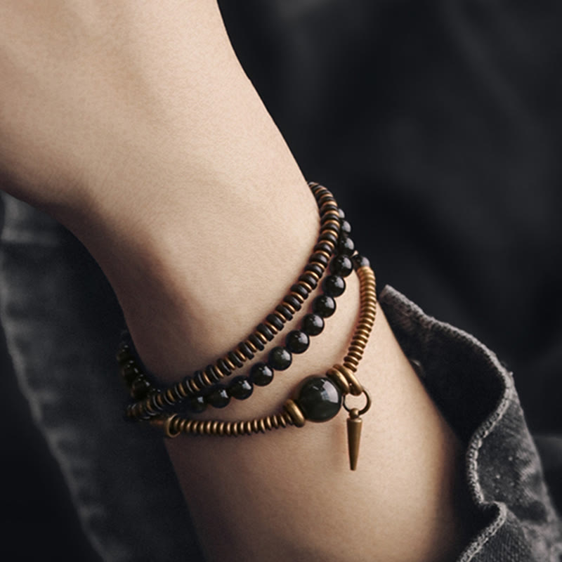 Pulsera de triple envoltura curativa de cobre y madera de ébano, obsidiana arcoíris con Buddha Stones