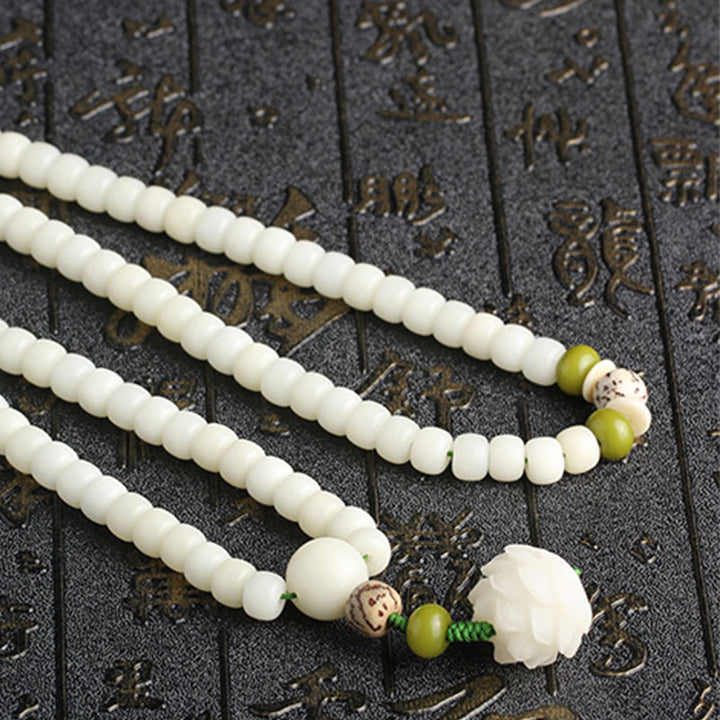 Buddha Stones Jade Blanco Bodhi Lotus Mala Armonía Collar Pulsera