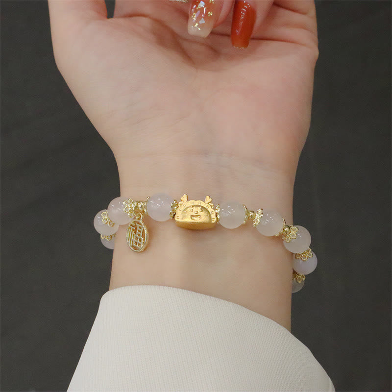 Buddha Stones Año del Dragón Ágata roja Cuarzo fresa Obsidiana negra Jade Granate Perla Cinabrio Bola de masa Dragón Suerte Fu Pulsera con personajes - image 9