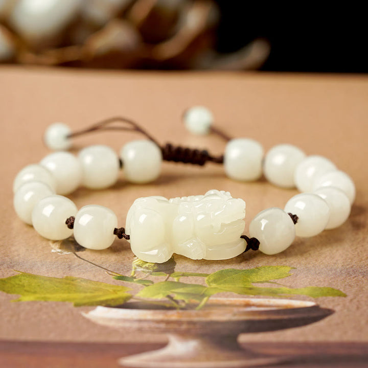 Pulsera de hilo de riqueza PiXiu de jade blanco hetiano natural con Buddha Stones