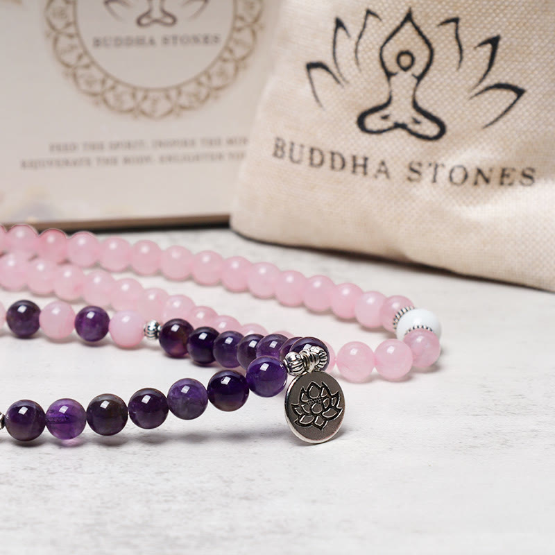 Pulsera con colgante de loto con cuentas Mala de cuarzo rosa natural y amatista con Buddha Stones