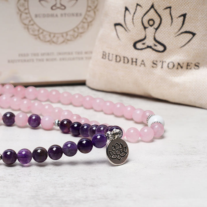Pulsera con colgante de loto con cuentas Mala de cuarzo rosa natural y amatista con Buddha Stones