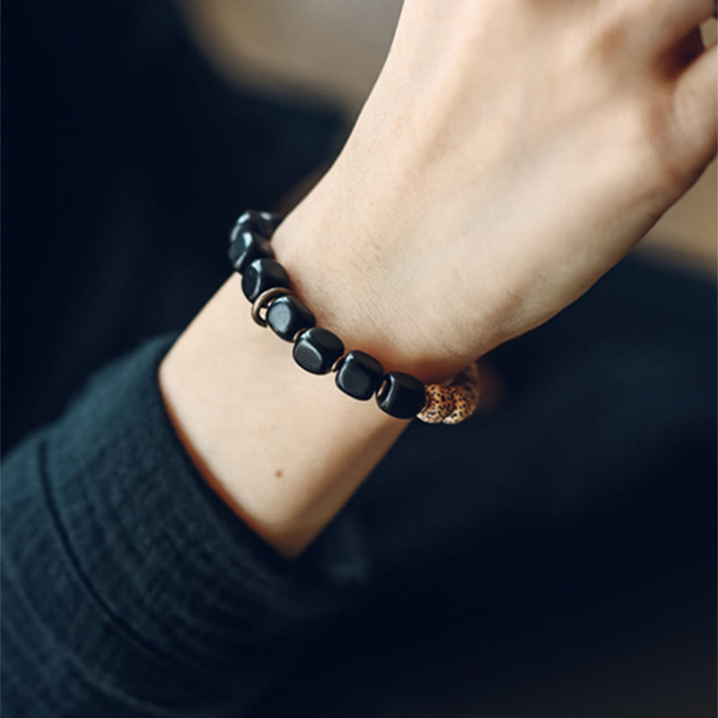 Pulsera de paz de cobre y madera de ébano, obsidiana negra, semilla de Bodhi tibetana, Buddha Stones