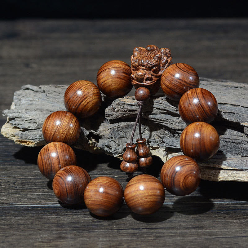 Pulsera de protección con Buddha Stones, palisandro, sándalo verde, hoja pequeña de sándalo rojo y dragón tallado