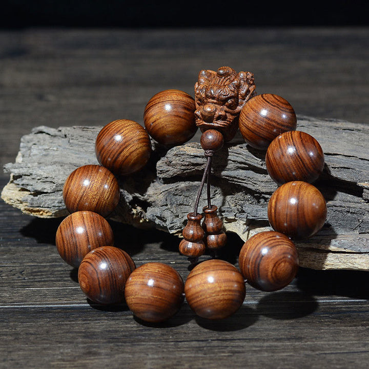 Pulsera de protección con Buddha Stones, palisandro, sándalo verde, hoja pequeña de sándalo rojo y dragón tallado