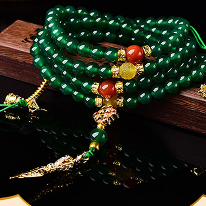 Pulsera de éxito de ágata verde natural con 108 Buddha Stones Mala