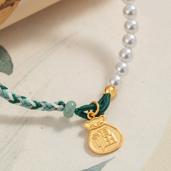 Pulsera de cuerda de sabiduría de jade hetiano con perlas de la suerte y carácter Fu de plata de ley 925 con Buddha Stones