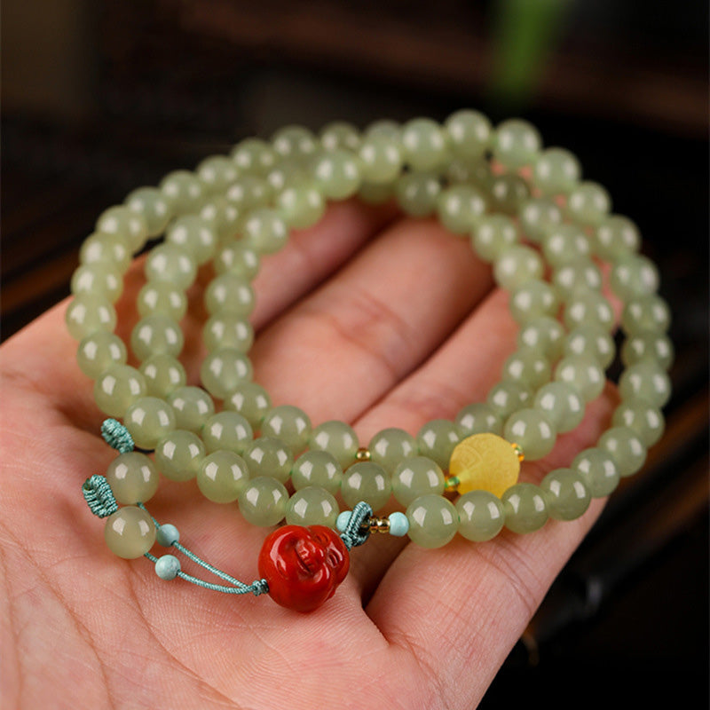 Pulsera de prosperidad de Buda sonriente de ámbar y ágata roja de jade