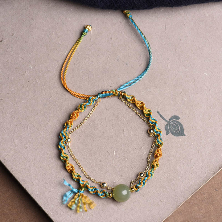 Pulsera de doble capa con cuentas de jade de la suerte, cuerda colorida hecha a mano con Buddha Stones