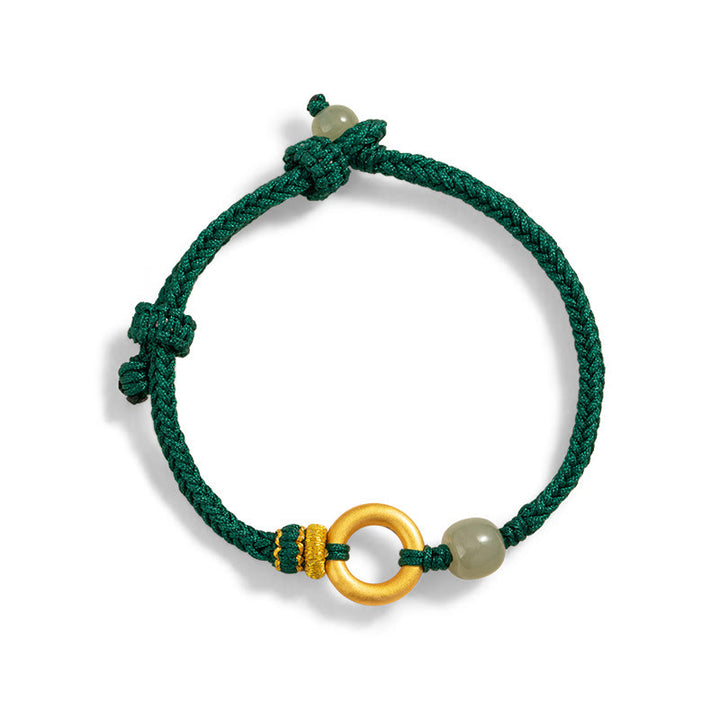 Pulsera trenzada de cuerda verde de la suerte con cuentas de jade hetiano y hebilla de la paz de plata de ley 999 con Buddha Stones