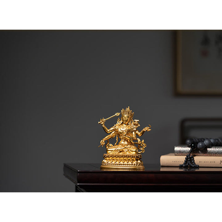 Estatuilla de oro Manjusri Bodhisattva de cuatro brazos, estatua de cobre de serenidad y compasión, decoración del hogar