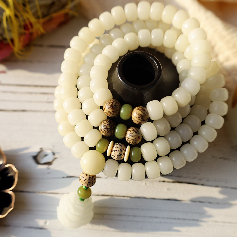 Buddha Stones Jade Blanco Bodhi Lotus Mala Armonía Collar Pulsera