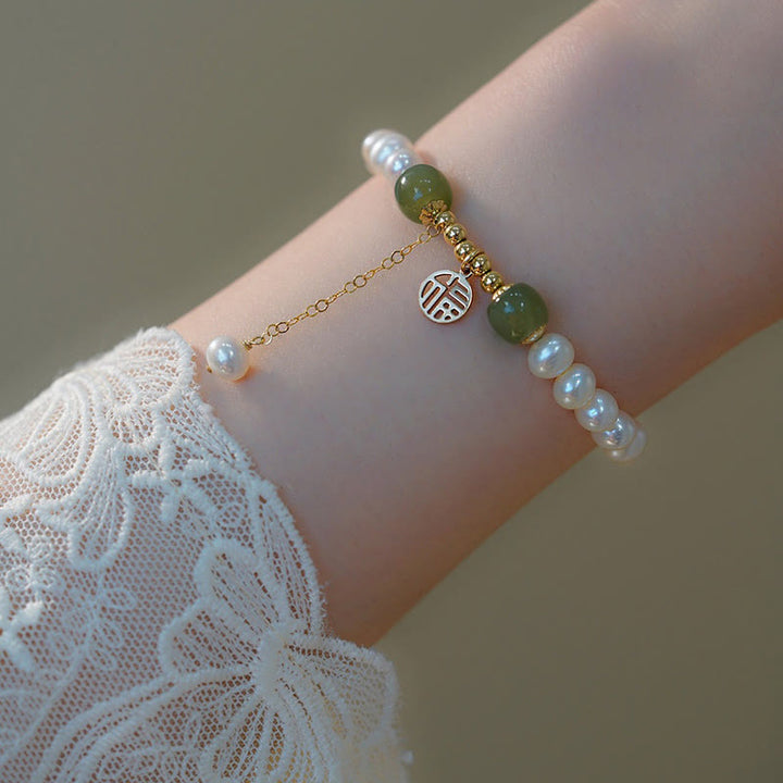 Pulsera de cuentas de sabiduría de felicidad de jade hetiano de perlas naturales