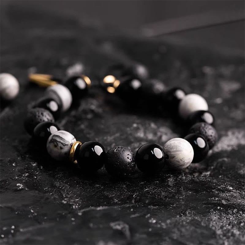 Pulsera de fuerza Yin Yang de piedra de roca de lava de obsidiana negra con Buddha Stones