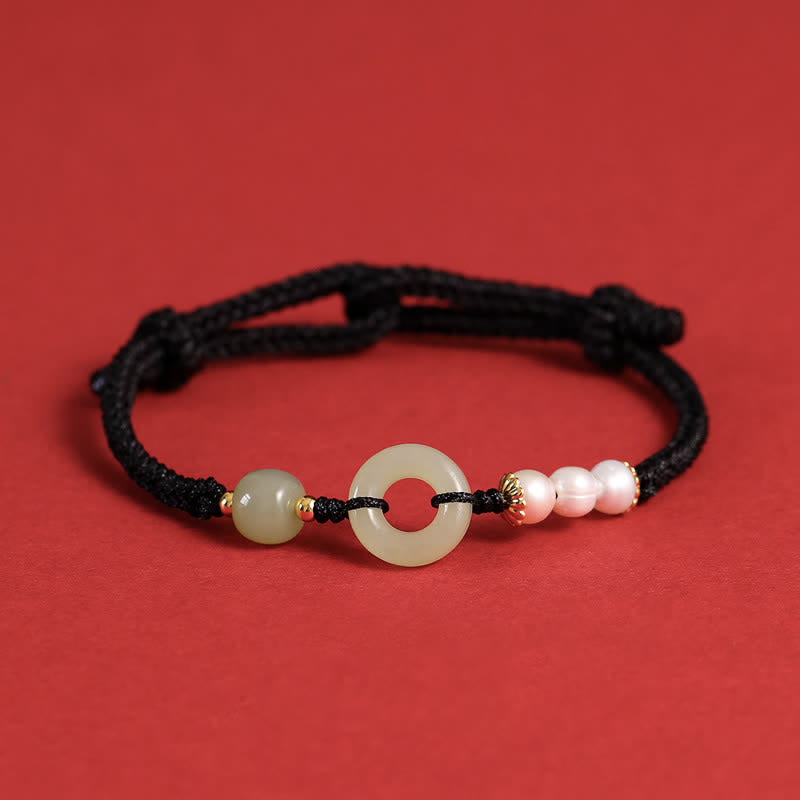 Pulsera de la suerte con hebilla de la paz y perlas de jade hetiano natural de Buddha Stones