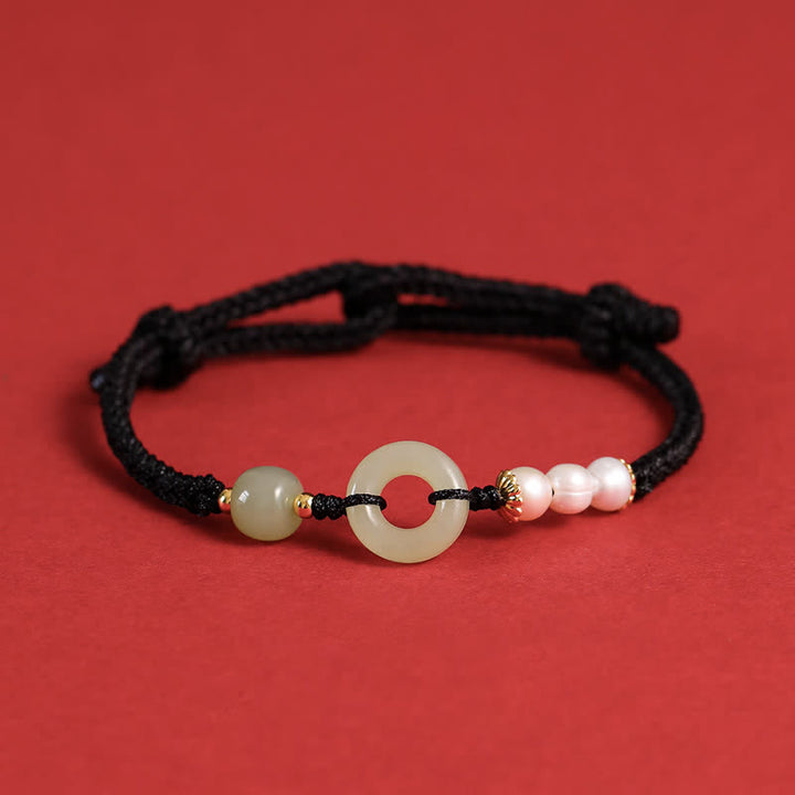 Pulsera de la suerte con hebilla de la paz y perlas de jade hetiano natural de Buddha Stones