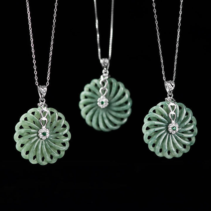 Collar con colgante de plata de ley 925 con Buddha Stones, jade redondo natural, hebilla de la paz, abundancia