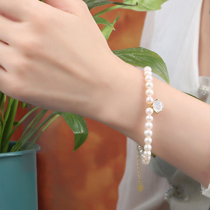 Pulsera de cuentas con dije de concha de cristal y perlas naturales chapadas en oro de 14 quilates con Buddha Stones