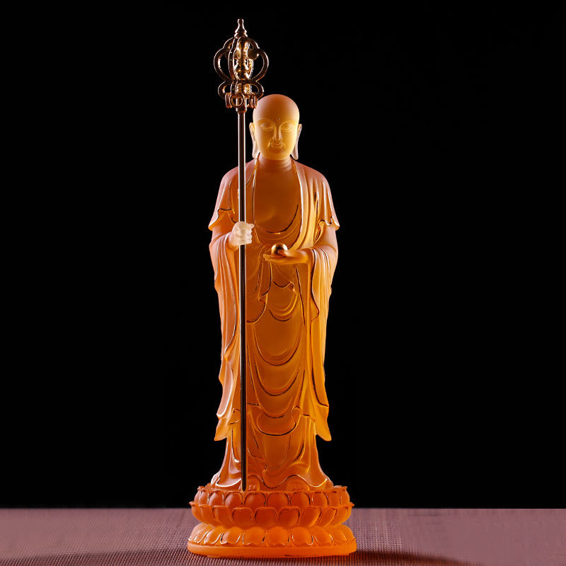 Buddha Stones hechas a mano, estatuilla de Bodhisattva Ksitigarbha, pieza de arte de cristal Liuli, estatua de serenidad, decoración del hogar