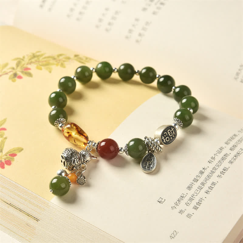 Pulsera de éxito de ámbar y calabaza de jade cian hetiano de plata de ley 925