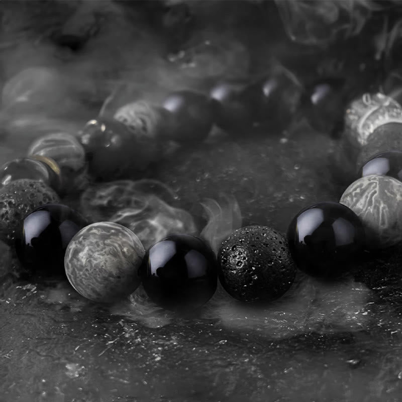 Pulsera de fuerza Yin Yang de piedra de roca de lava de obsidiana negra con Buddha Stones