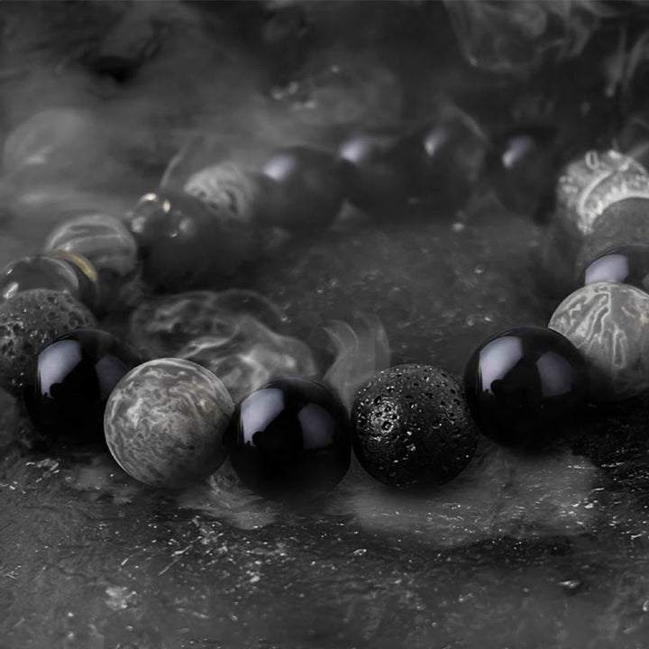 Pulsera de fuerza Yin Yang de piedra de roca de lava de obsidiana negra con Buddha Stones