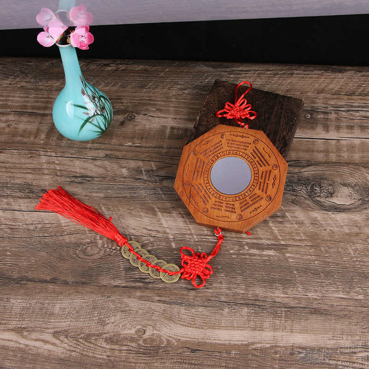 Feng Shui Bagua Mapa Madera de Durazno Monedas de Cinco Emperadores Equilibrio de Nudos Chinos Espejo de Mapa de Energía