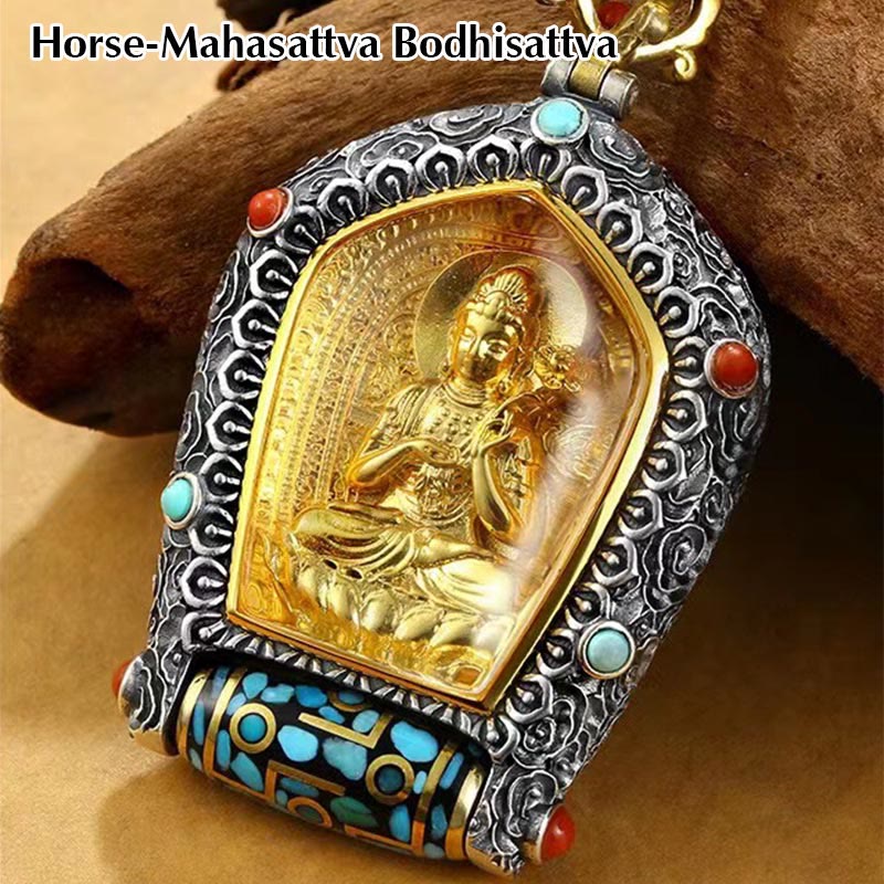 Colgante de collar de cuentas Dzi giratorio del zodiaco chino del Tíbet Buda natal Thangka prosperidad - Bodhisattva Mahasattva Caballo - image 8